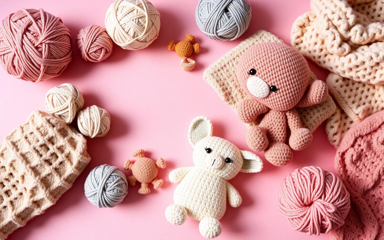Handmade crochet plushies and yarn on soft pink background